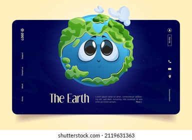 Earth banner with cute planet character in outer space. Vector landing page with cartoon illustration of funny green Earth with oceans and clouds on background of cosmos with stars