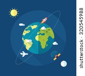 Earth banner with sun, moon, stars and space rocket. Vector