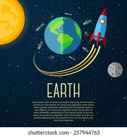 Earth Banner With Sun, Moon, Stars And Space Rocket. Vector