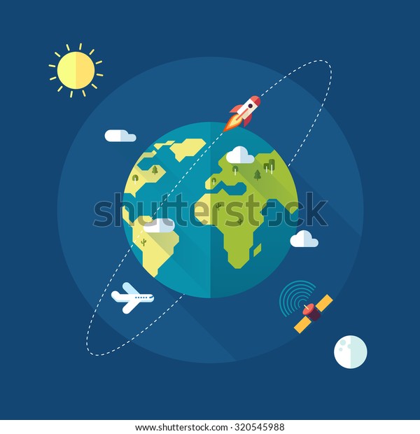 Earth banner with sun, moon, stars and space\
rocket. Vector