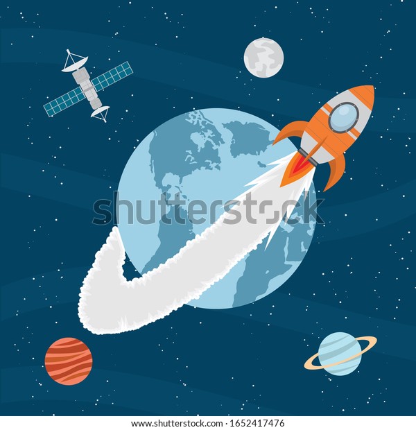 Earth\
banner with, moon, stars and space rocket.\
Vector