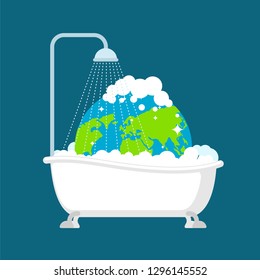 Earth in bath washed. Clean planet. Global Cleaning Earth Concept Illustration

