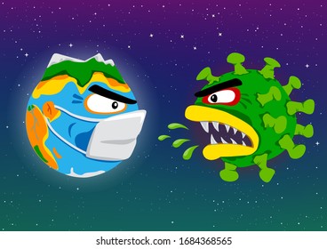 Earth battle with coronavirus illustration. Govid-19 global world fight. Blue planet in mask and danger virus attack