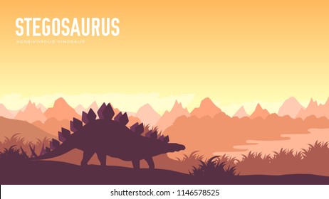 Earth BC landscape scene illustration. Before our era earth design. Dinosaur stegosaurus in its habitat background. Jungle prehistoric creature in nature