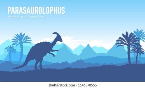 Earth BC landscape scene illustration. Before our era earth design. Dinosaur Parasaur in its habitat background. Jungle prehistoric creature in nature