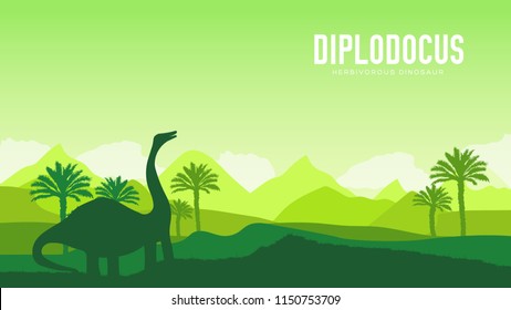 Earth BC landscape scene illustration. Before our era earth design. Dinosaur Diplodocus in its habitat background. Jungle prehistoric creature in nature 