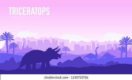 Earth BC landscape scene illustration. Before our era earth design. Dinosaur triceratop in its habitat background. Jungle prehistoric creature in nature