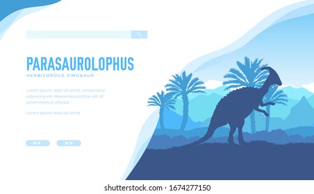 Earth BC landscape scene illustration. Silhouette Dinosaur Parasaurolophus in its habitat background in the first rays of sunrise. Jungle prehistoric creature in nature concept design.