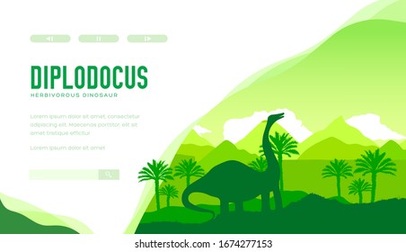 Earth BC landscape scene illustration. Silhouette Dinosaur Diplodocus in its habitat background in the first rays of sunrise. Jungle prehistoric creature in nature concept design.