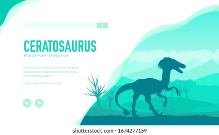 Earth BC landscape scene illustration. Silhouette Dinosaur Ceratosaurus in its habitat background. Jungle prehistoric creature in nature concept design.