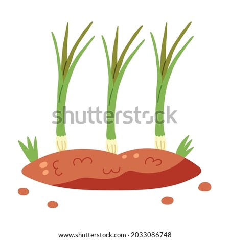 Earth bed with green onions. Vector Vegetables hand drawn