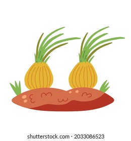 Earth bed with onions. Vector Vegetables hand drawn