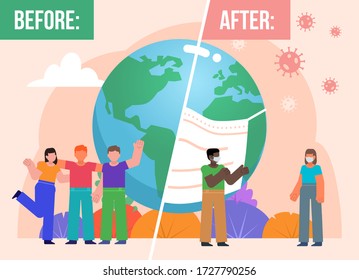 Earth before and after covid-19 global pandemic. Group of people stand near big earth globe in mask. Minimal design vector illustration