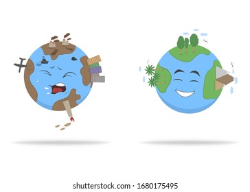 Earth before and after virus, coronavirus. Save planet from pollution icons. Bad and good condition of Earth. Vector EPS 10