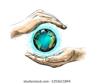 Earth between hands representing environment conservation and save earth concept from a splash of watercolor, hand drawn sketch. Vector illustration of paints