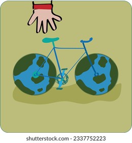 Earth Bicycle illustration, eco friendly life. Symbol of sustainability, environmentally-friendly and ethical lifestyle. Environment illustration. Green and blue earth bike art. World Bicycle Day