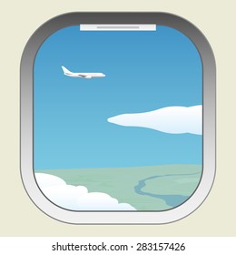 Earth, blue sky and clouds. View from illuminator. Vector illustration. Opacity EPS10.