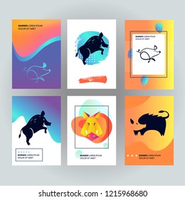 Earth Boar symbol of Chinese Happy New Year 2019. Set template poster, flyer with silhouette Pig.