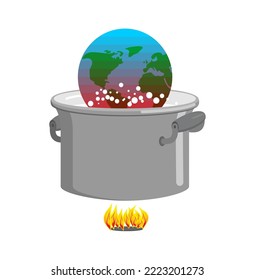 Earth is boiled in pot. Planet Earth boiled. Vector illustration
