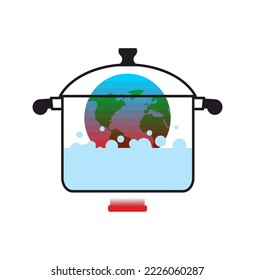 Earth is boiled in pot. Planet Earth boiled. Vector illustration