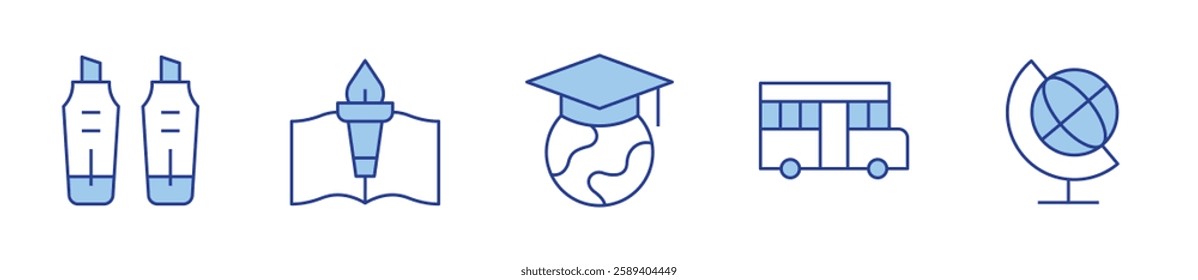 earth, book, global education, marker, school bus. School Icon vector illustration. Line Duotone style. Editable stroke.