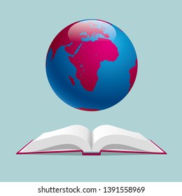 Earth and book. Isolated on blue background.