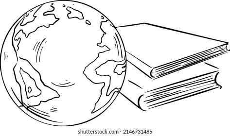 Earth, books, hand draw. Black vector illustration art