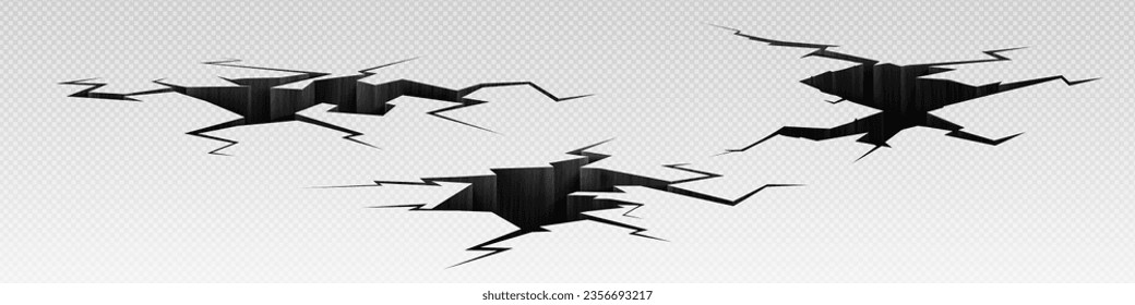 Earth break ground and crack hole vector 3d effect. Broken concrete floor texture. Isolated split and damage fracture illustration set. Realistic fissure destruction png. Desert road cleft icon