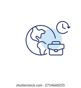 Tierra, maletín y reloj. Horarios de viajes y viajes de trabajo. Icono de Vector de trazo perfecto y editable