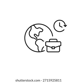 Tierra, maletín y reloj. Horarios de viajes y viajes de trabajo. Icono de Vector de trazo perfecto y editable