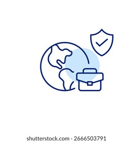 Terra, maleta, escudo e marca de seleção. Negócios globais verificados, operações internacionais confiáveis, comércio mundial seguro. Pixel perfeito, ícone de vetor de traçado editável