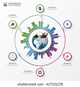 Earth with building city. Business infographic concept. Vector illustration