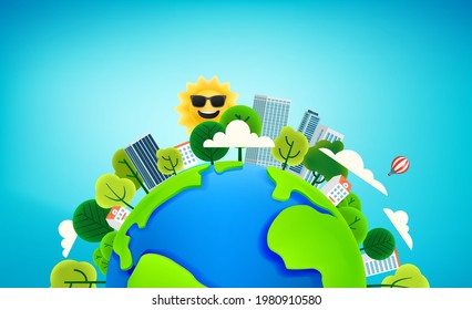 The Earth with buildings and trees. Cartoon style 3d illustration. Plasticine effect