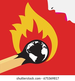 Earth burned by fire match in global warming concept., vector illustration