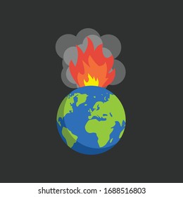 Earth is burning, fire damaged Earth.Conceptual vector illustration in flat style design.Isolated on background.