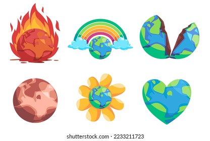 earth burning global warming climate change cracked earth icon vector illustration and bright future