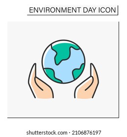 Earth care color icon. Hands protect and love the planet. Eco awareness. Protection from global warming and cataclismos. Environment day concept. Isolated vector illustration