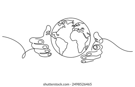 Manos de cuidado de la tierra en un dibujo de línea continua. Cartel de una línea. Delinea las manos con el planeta Tierra. Elemento para diseño de interiores y presentaciones. Ilustración vectorial.