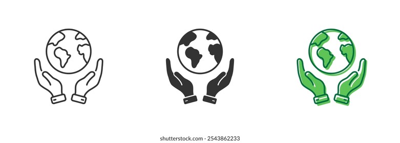 Earth Care Line and Silhouette Icon Set. Hands Holding the Planet. Save Global Nature. Human Environmental Protection Icon. Editable Stroke. Isolated Vector Illustration.