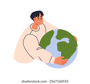 Earth care, saving planet concept. Human embracing globe. Holding, hugging world for ecology protection, environment conservation. Eco firendly flat vector illustration isolated on white background