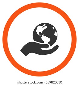 Earth Care vector bicolor rounded icon. Image style is a flat icon symbol inside a circle, orange and gray colors, white background.