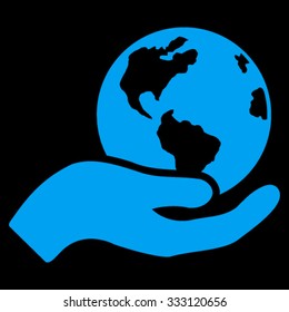 Earth Care vector icon. Style is flat symbol, blue color, rounded angles, black background.