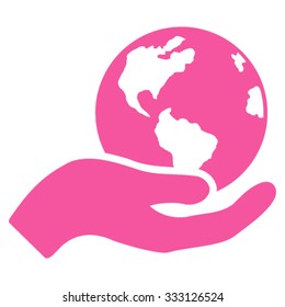 Earth Care vector icon. Style is flat symbol, pink color, rounded angles, white background.