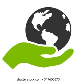 Earth Care vector icon. Style is bicolor flat symbol, eco green and gray colors, rounded angles, white background.