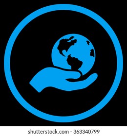 Earth Care vector icon. Style is flat circled symbol, blue color, rounded angles, black background.