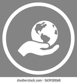 Earth Care vector icon. Style is flat circled symbol, white color, rounded angles, gray background.
