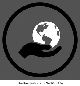 Earth Care vector icon. Style is bicolor flat circled symbol, black and white colors, rounded angles, gray background.