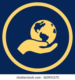 Earth Care vector icon. Style is flat circled symbol, yellow color, rounded angles, blue background.