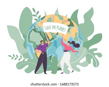 Earth care vector illustration. Flat tiny cartoon people, volunteer characters with banner save planet in environment, ecology, world nature protection. Eco globe conservation icon isolated on white