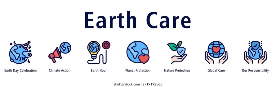 Ilustración vectorial de íconos de Anuncio de Web con íconos de la celebración del Día de la Tierra, Acción Climática, Hora del Planeta, Protección del Planeta, Protección de la Naturaleza, Cuidado Global y Nuestra Responsabilidad.